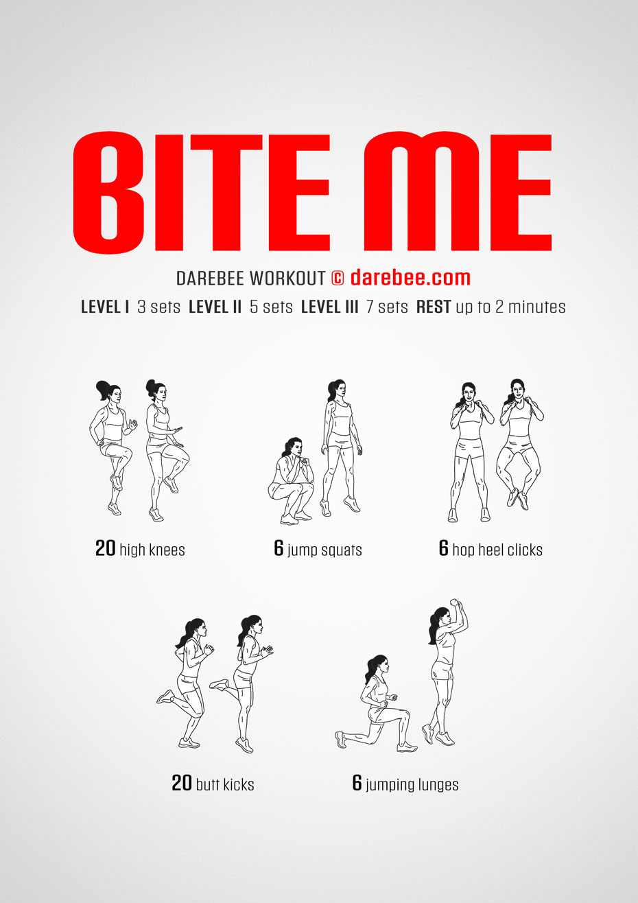 Bite Me is a sassy, fast-moving, high-burn, cardiovascular Darebee home-fitness workout that will test your VO2 Max and help you improve your recovery time.