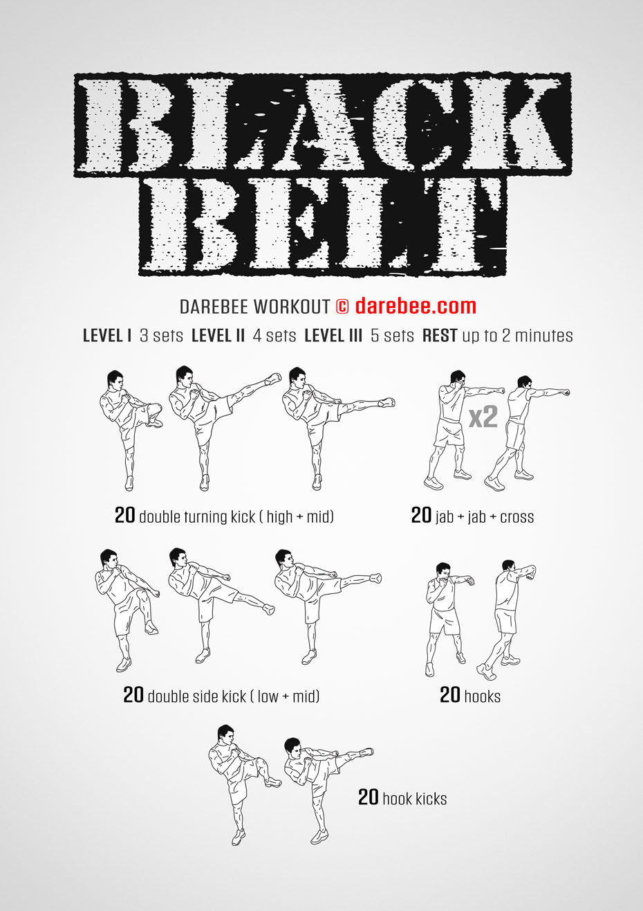 Black Belt is a DAREBEE no equipment total body combat moves based fitness you can try in he comfort of your home to help you improve inside and out.