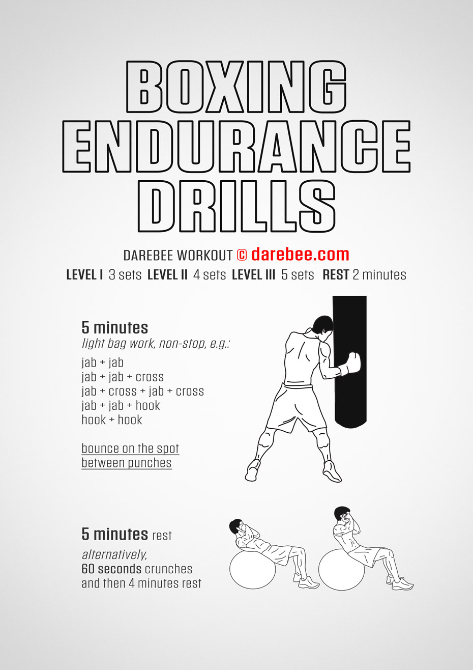 Boxing: Endurance Drills is a DAREBEE boxing drill workout that helps you develop greater coordination, speed, balance and endurance with the help of a boxing bag. 