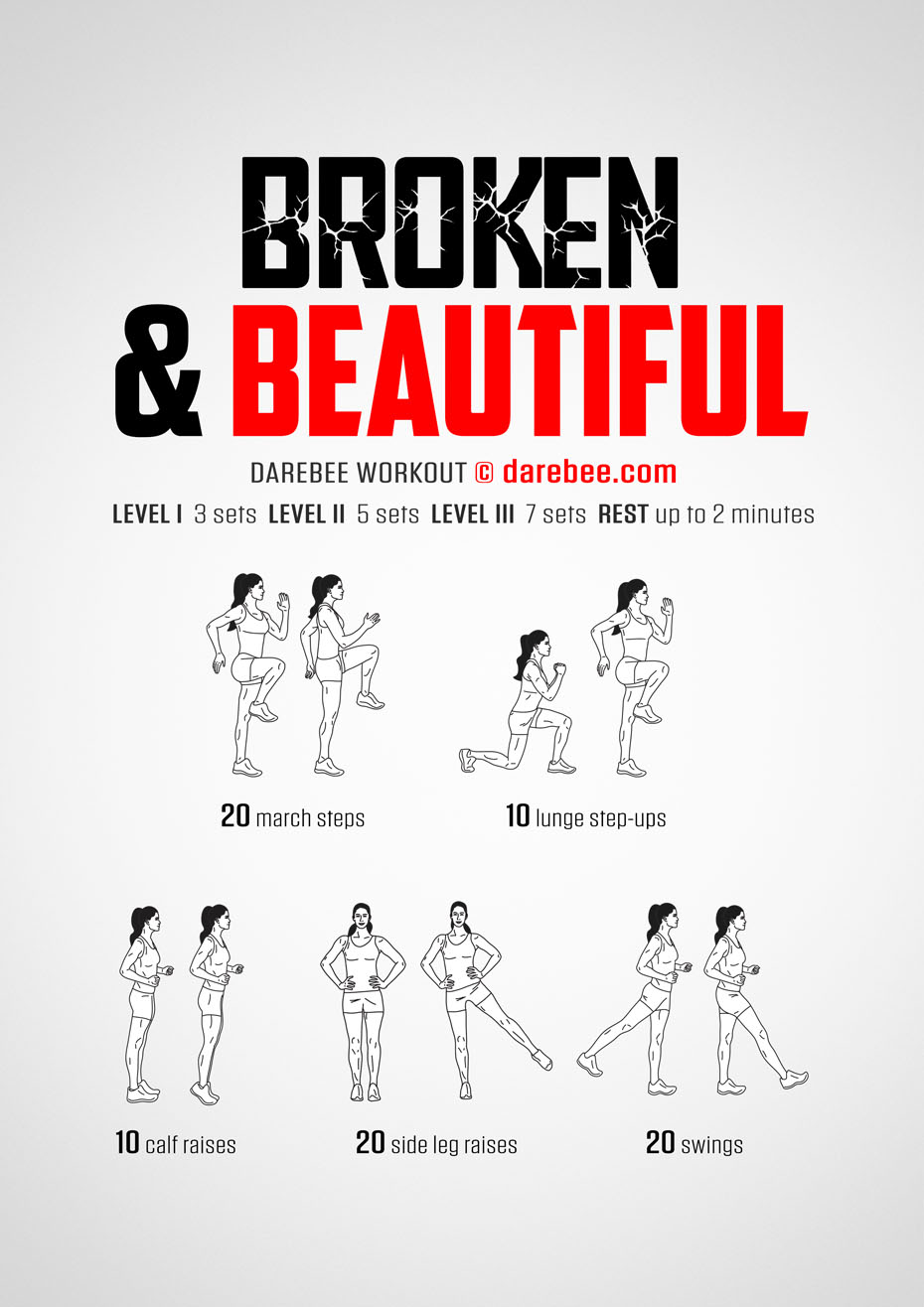 Broken & Beautiful is a Darebee home-fitness workout that helps you develop great lower body strength and control. 