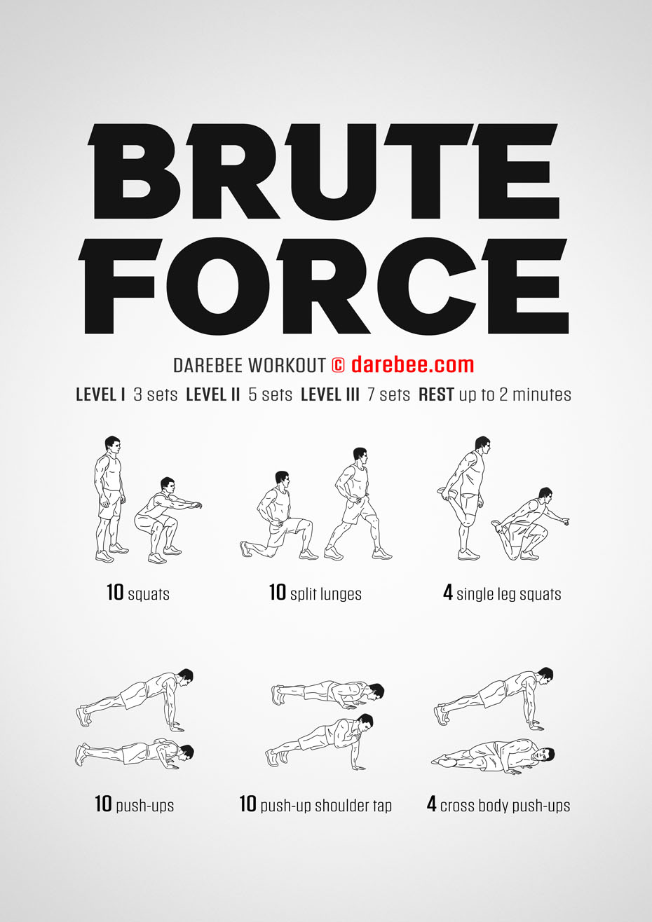 Brute Force is a Darebee home-fitness workout uses your body's weight and the planet's gravity to make your muscles work hard for strength.