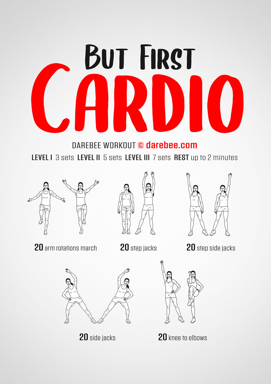 But First Cardio is a fast-moving, high-burn Darebee home-fitness workout that will raise your body temperature, make you sweat and raise your heartbeat and breathing rate.