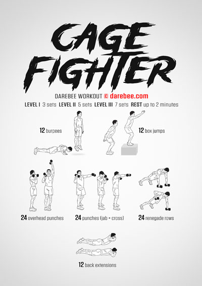 Cage Fighter is a DAREBEE home fitness total body strength and conditioning dumbbell based workout.