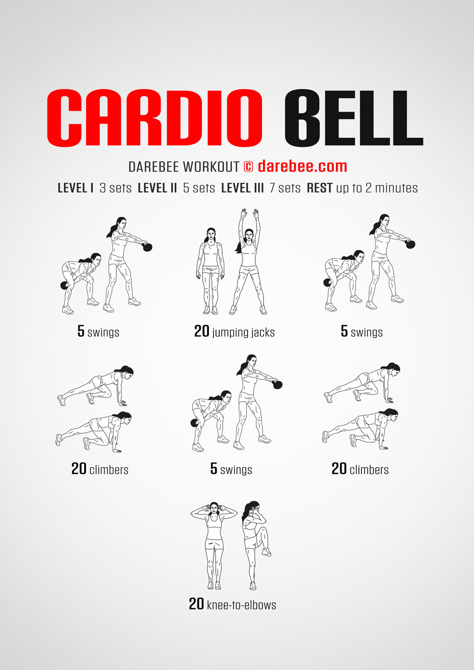 Cardio Bell is a Darebee home fitness workout that helps you use your kettlebell creatively so you get both a functional strength and cardio workout in one.
