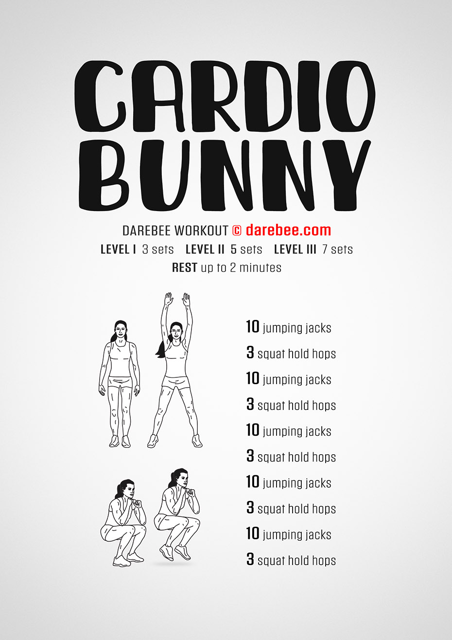 Cardio Bunny is a DAREBEE cardiovascular and aerobic no-equipment home workout that will help you feel fitter, lose weight and live longer.