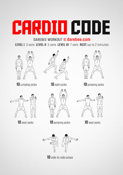 Cardio Code is a Darebee home fitness, no-equipment home cardio and aerobic endurance workout that will make you aerobically fitter.