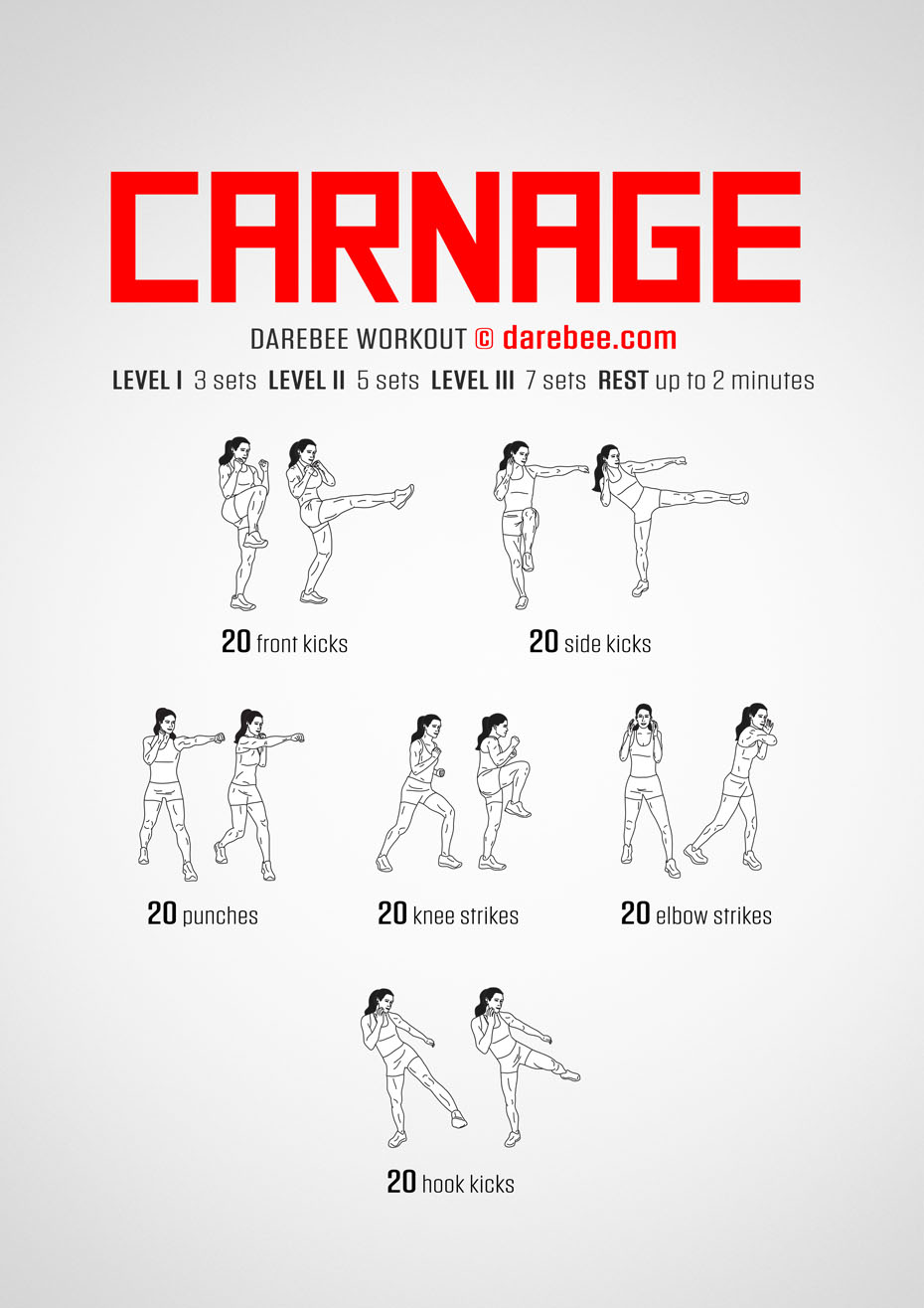 Carnage is a full-body, Darebee home-fitness, combat-moves based workout that will make you feel hot, get you to sweat and make you both fit and smart.
