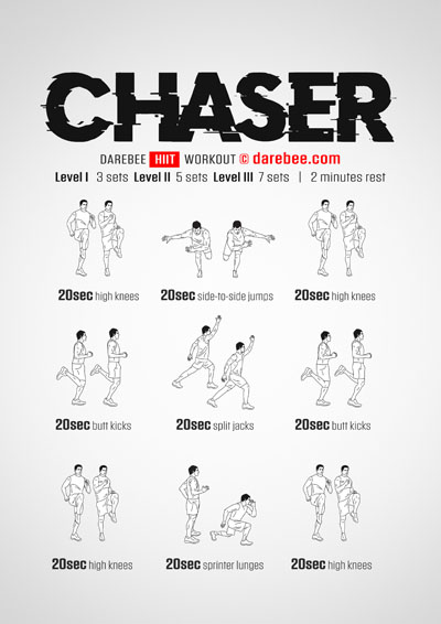 Chaser is a Darebee home-fitness aerobic capacity and cardiovascular fitness workout you can do at home to get slimmer and fitter.