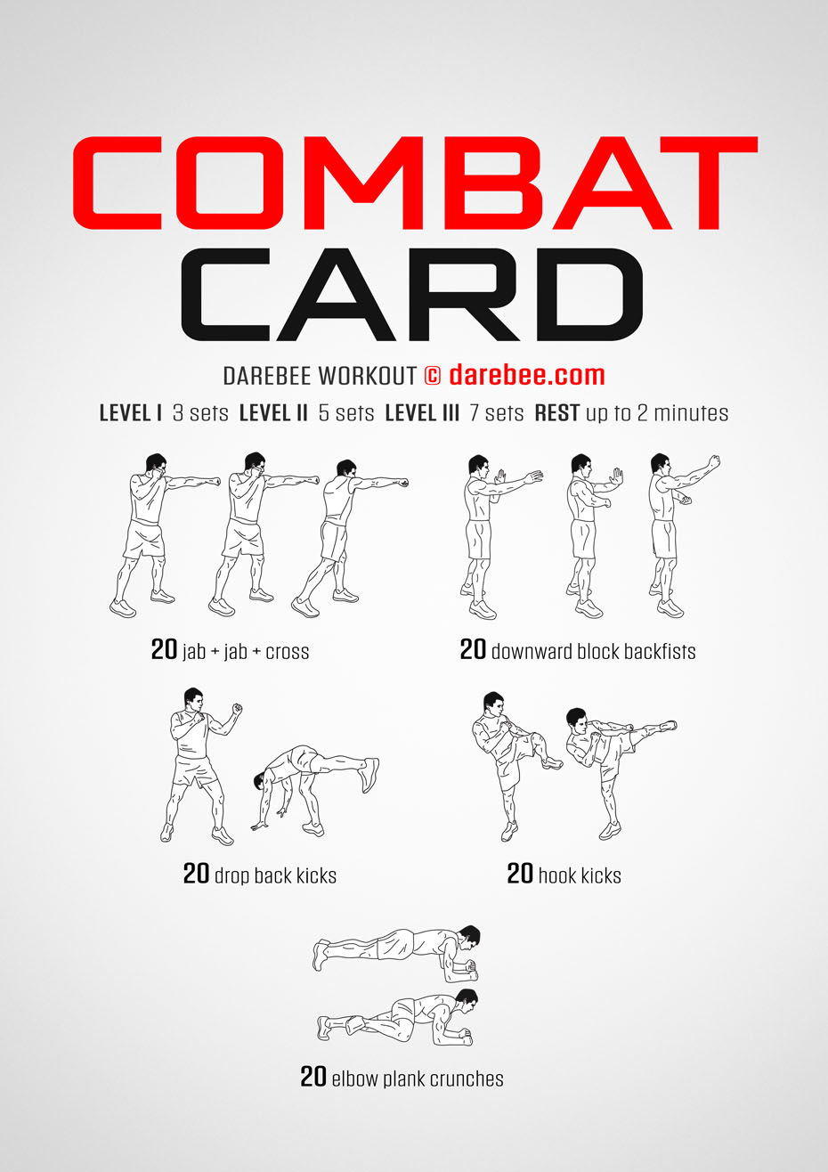 Combat Card is a DAREBEE home fitness no-equipment combat moves based workout that will fast track your fitness and improve your coordination.