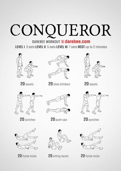 Conqueror is a DAREBEE full body home fitness strength and tone workout that uses a combination of bodyweight exercises and combat moves to get you fitter at home.