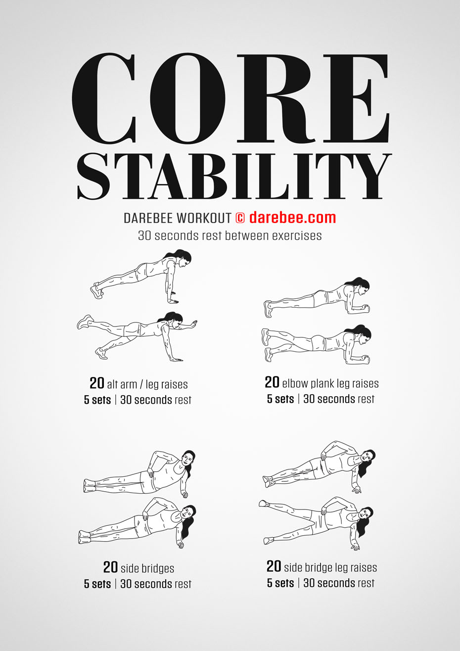 Core Stability is a Darebee home-fitness, no-equipment bodyweight workout you can do at home that will help you achieve more power and better control over your body.