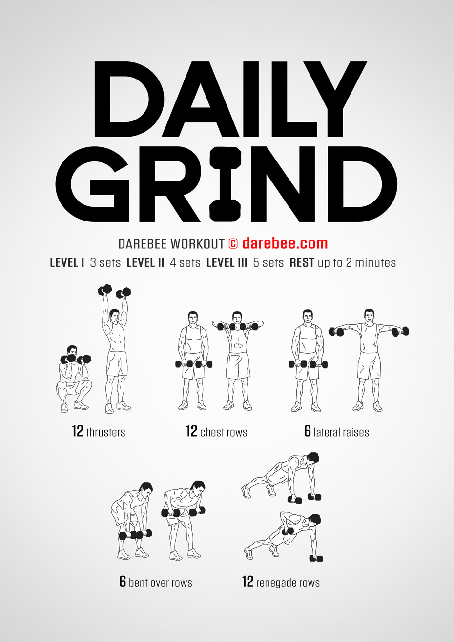 Daily Grind is a DAREBEE dumbbells based home workout designed to help you build bigger, stronger muscles working out at home.