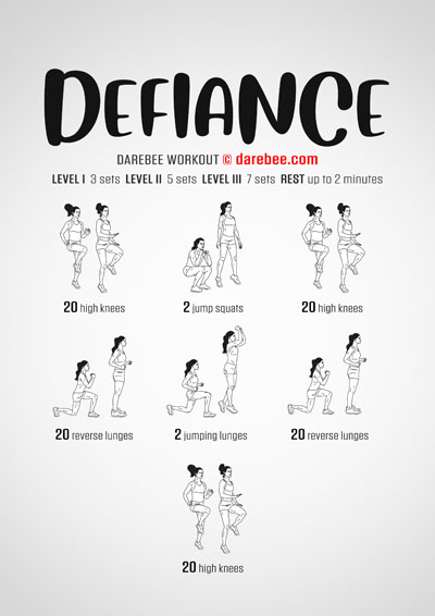 Defiance is a DAREBEE home-fitness no-equipment aerobic and cardiovascular workout that helps you improve your endurance and aerobic and cardiovascular fitness.