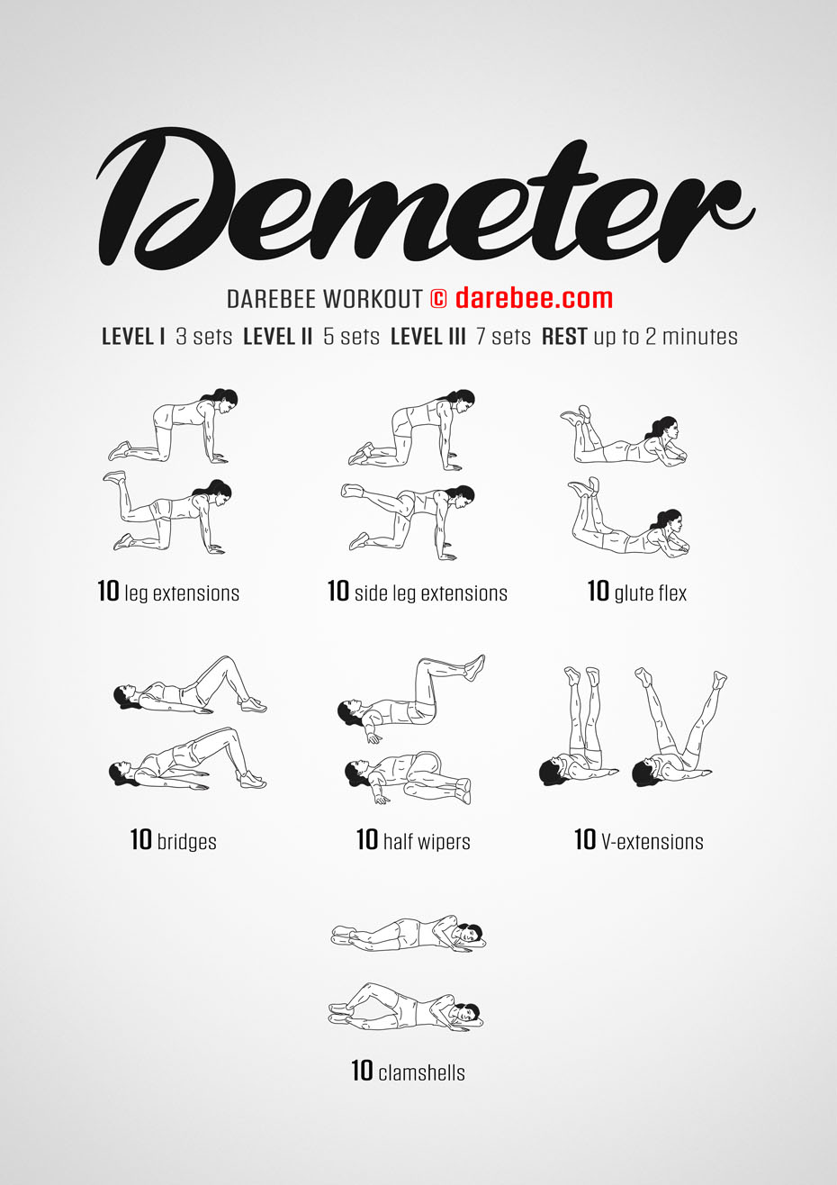 Demeter is a Darebee no-equipment lower body workout that helps you develop strength in muscles and tendons, ligaments and support muscle groups.