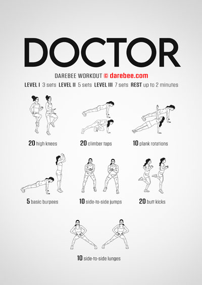 The Doctor is a DAREBEE home fitness no-equipment cardio and aerobic workout that helps you develop greater endurance and cardiovascular health.