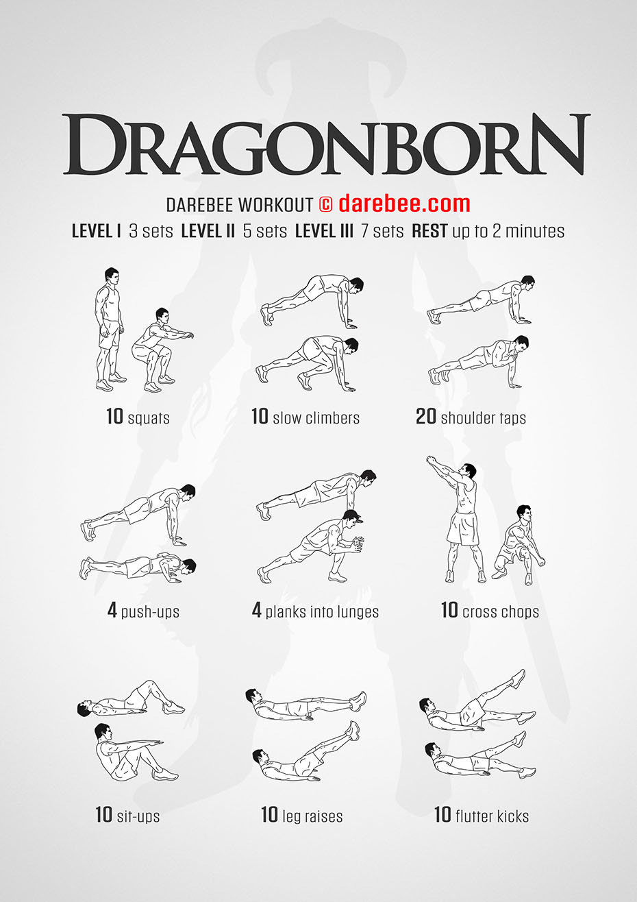 Dragonborn is a DAREBEE home fitness tribute to Skyrim no-equipment, total body strength workout you can do at home.