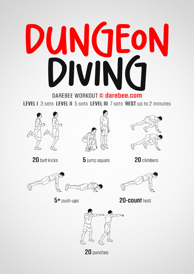 Dungeon Diving is a DAREBEE home fitness no-equipment functional strength workout that helps you get stronger and fitter in a small space.