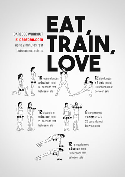 Eat, Train, Love is a full body Darebee home-fitness strength workout that will help you build stronger muscles, healthier bones and a sharper mind.