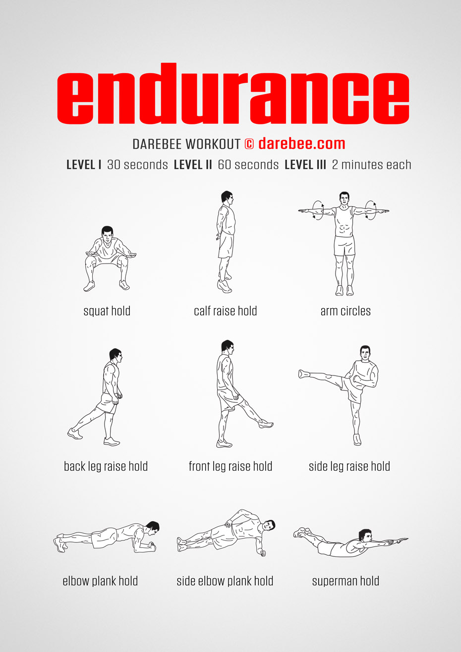 Endurance is a DAREBEE no-equipment home workout that uses muscles against muscles in a time-based home workout to help you get stronger and capable of working out harder for longer.