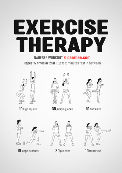 Exercise Therapy is a Darebee home-fitness workout that tests your cardiovascular and aerobic fitness and makes you sweat.
