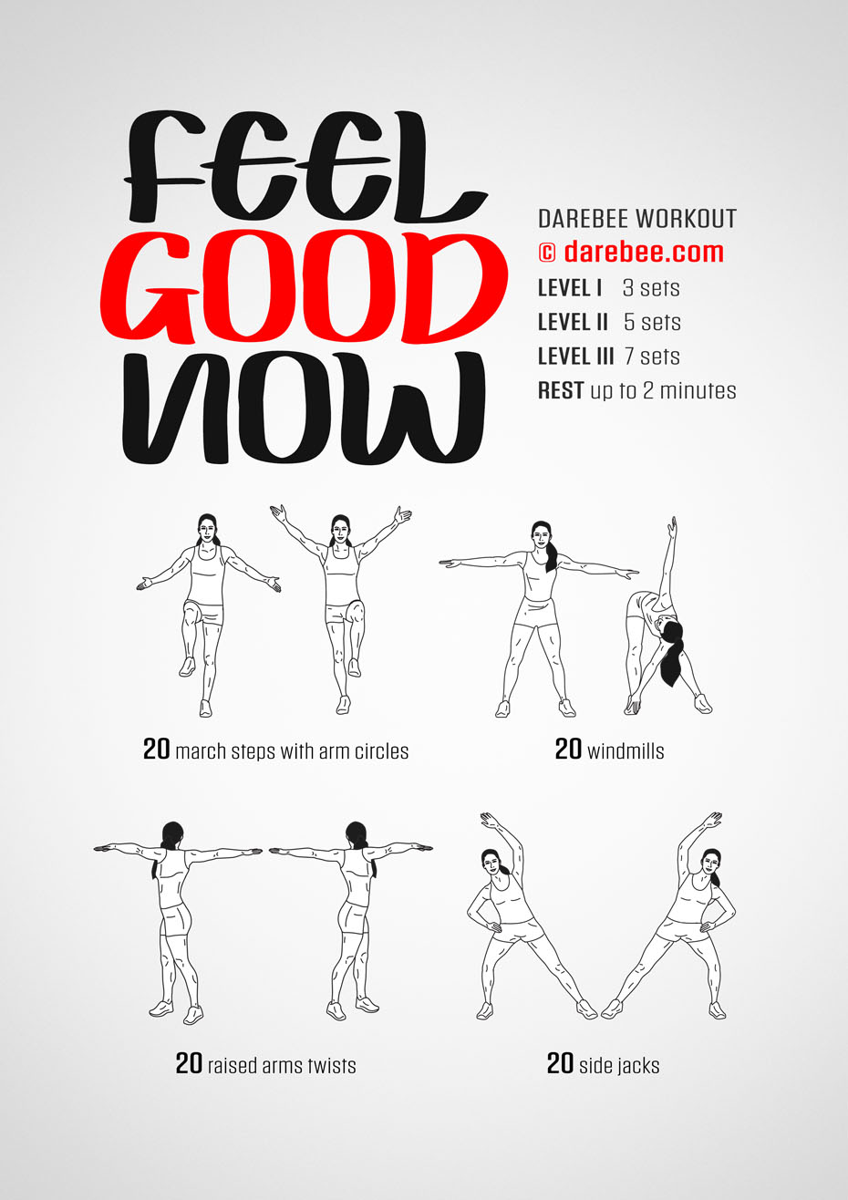 Feel Good Now is a DAREBEE no-equipment, home fitness workout that will leave you feeling refreshed and re-energized after you have finished it.