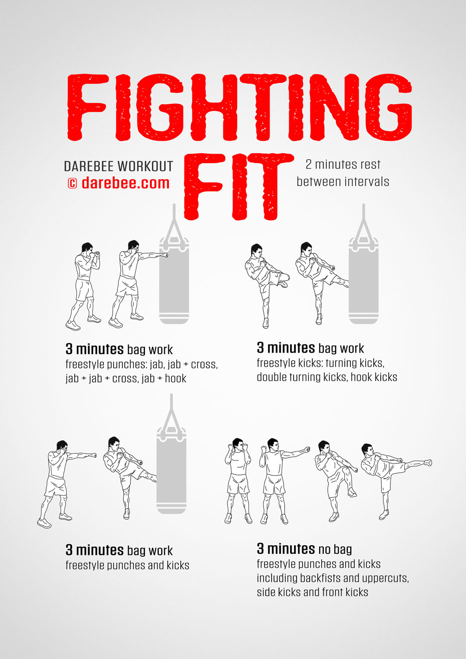 Fighting Fit is a Darebee punch-bag home fitness workout that uses combat moves to help your whole body get stronger.
