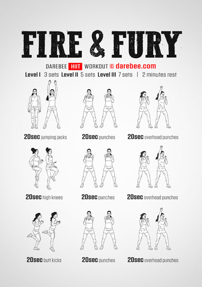 Fire & Fury is a DAREBEE home fitness, no-equipment High Intensity Interval Training (HIIT) workout that will help you burn high.