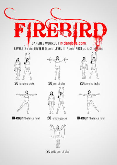 Firebird is a DAREBEE home fitness no-equipment home cardio and aerobics workout that helps you improve your endurance and aerobic capacity.