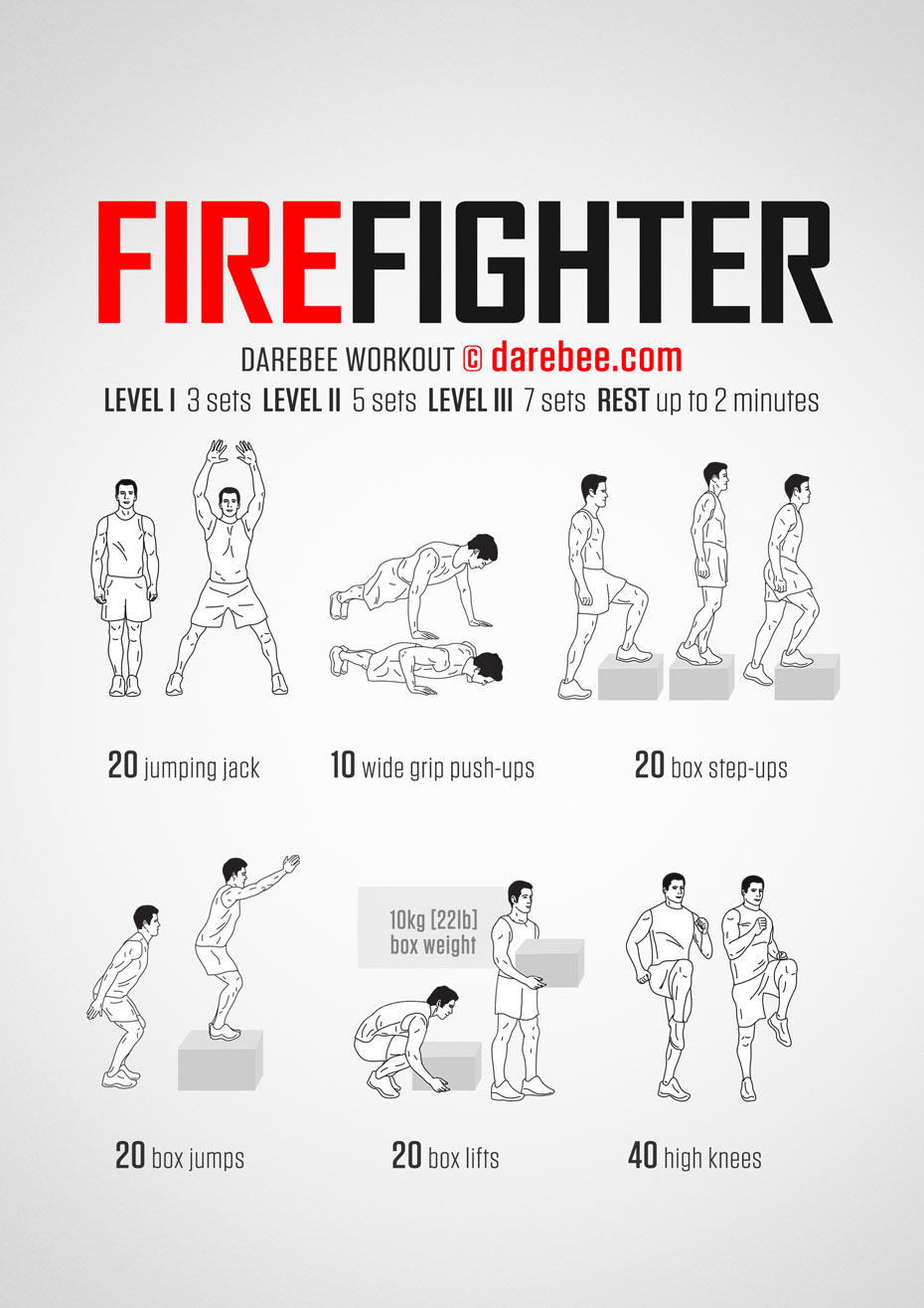 Firefighter is a Darebee home-fitness aerobic and cardiovascular endurance workout.