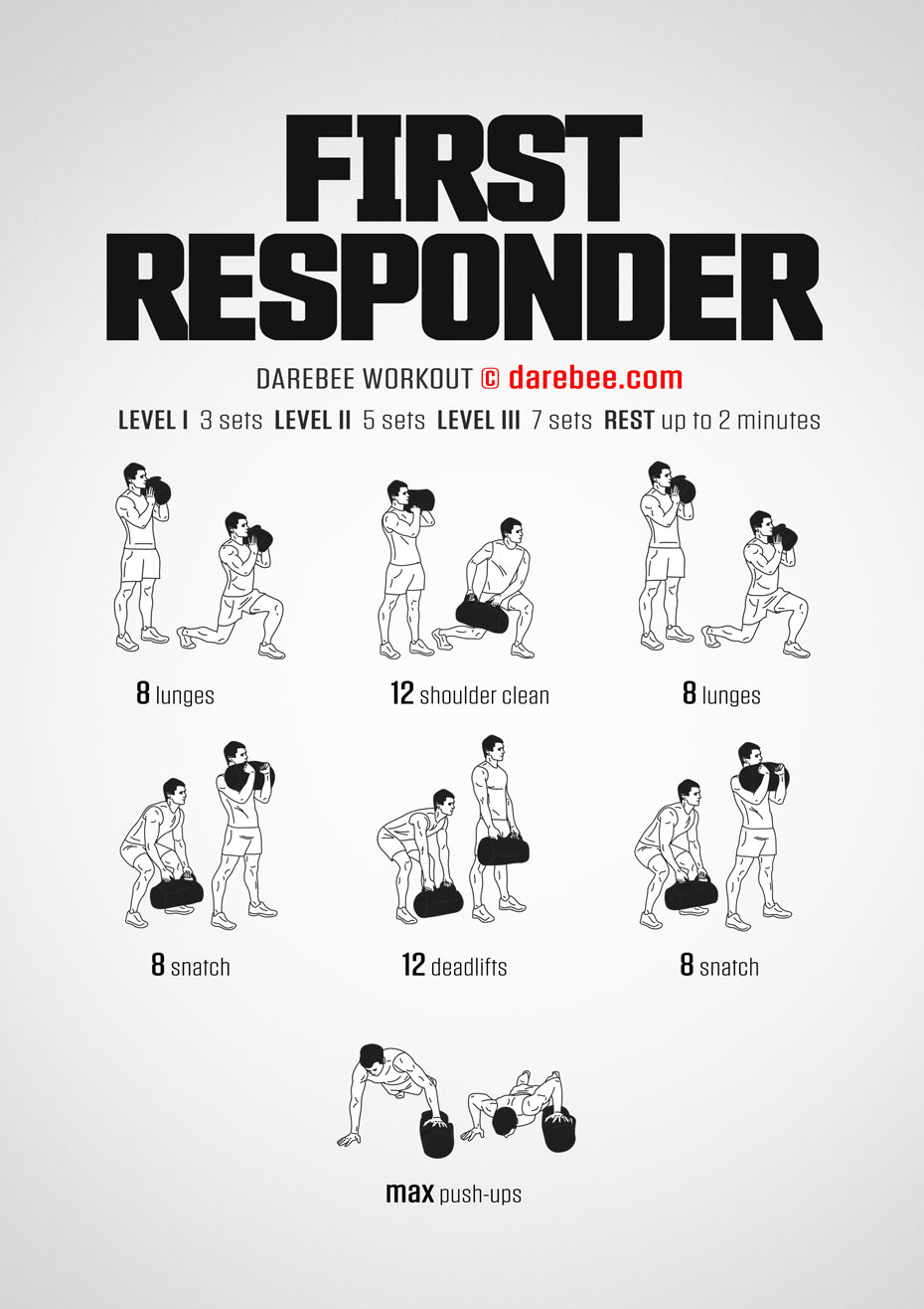 First Responder is a Darebee home-fitness total body strength workout for anyone with a power bag a tiny bit of space and a few minutes.
