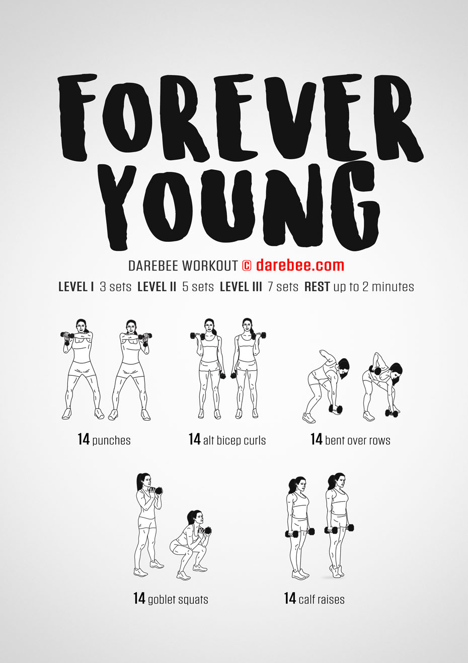 Forever Young is a Darebee home-fitness weights training program that will help you get healthy and feel strong, faster.