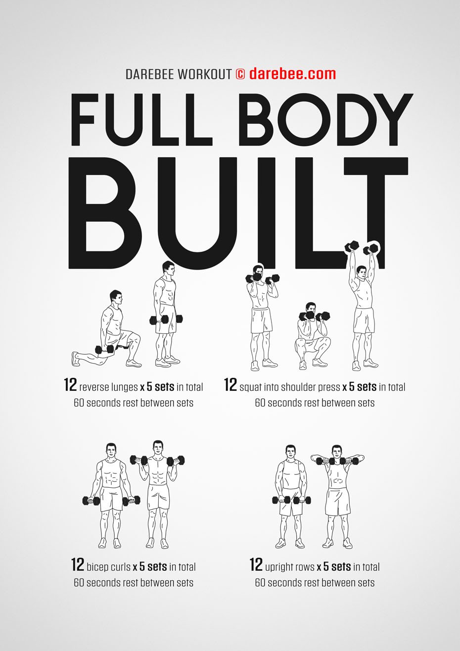 Full Body Built is a dumbbell-based Darebee home fitness strength workout that targets virtually every large muscle group in the body to help you develop total body strength.