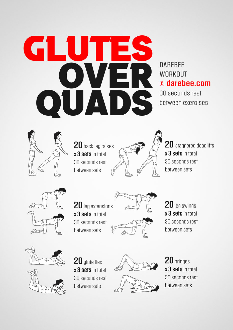 Glutes Over Quads is a Darebee home fitness workout that targets the glutes specifically, helping them become stronger and more responsive to us.