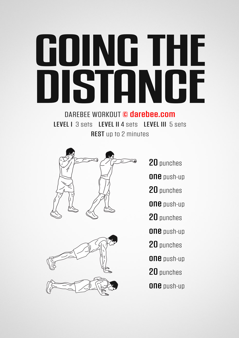 Going The Distance is a DAREBEE no-equipment home fitness combat-moves based workout that helps your upper body strength and cardiovascular fitness.