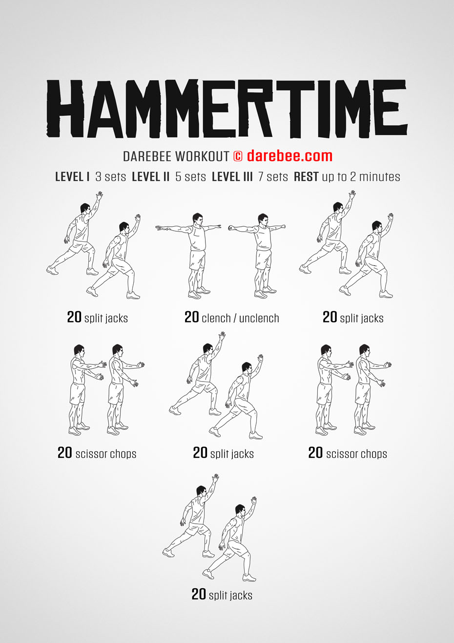 Hammertime is a DAREBEE home fitness, no-equipment fast-moving cardiovascular and aerobic workout. 