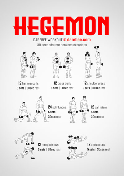Hegemon is a DAREBEE home fitness dumbbells based total body strength training workout that helps you develop a stronger body, faster.