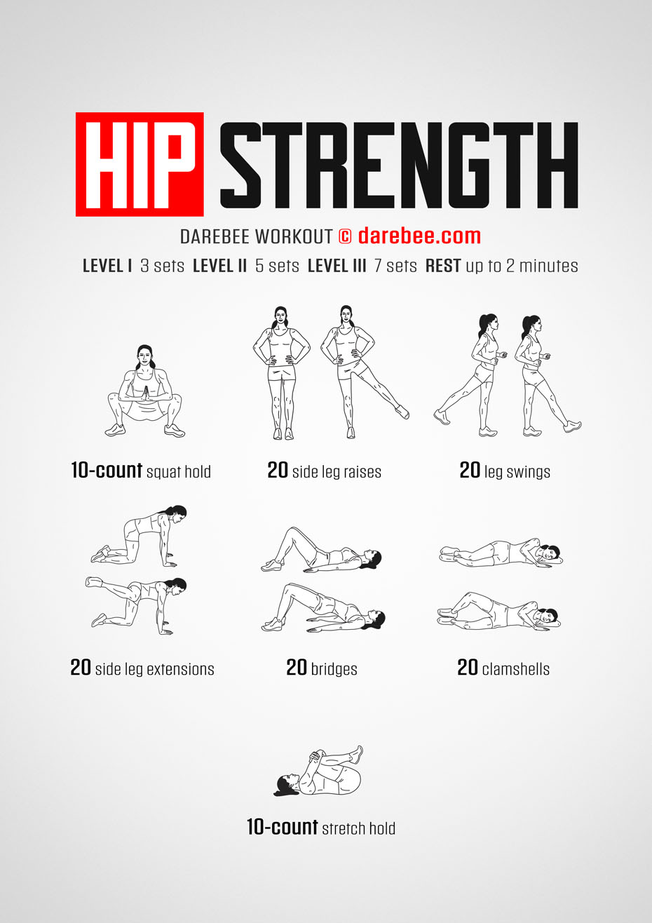 Hip Strength is a Darebee home-fitness workout that helps you increase the power of your lower body by increasing range of movement (ROM) of the pelvic muscle area.