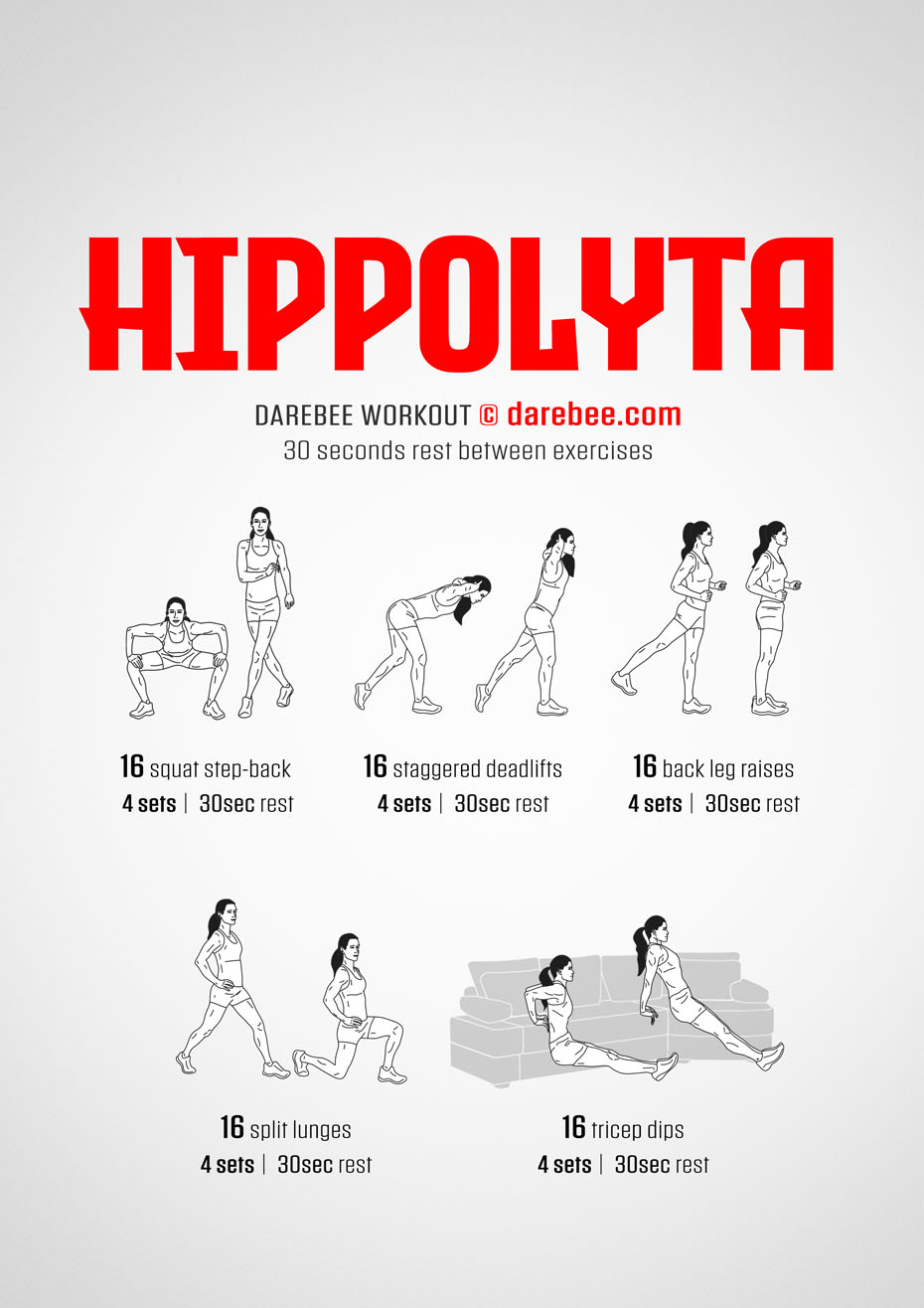 Hippolyta is a resp-based, no-equipment Darebee home-fitness strength workout that challenges the entire body.