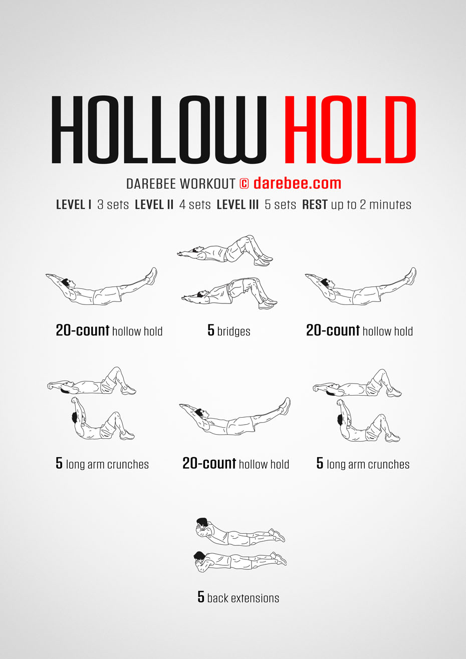 Hollow Hold is a Darebee home-fitness abs and core strength training workout you can do at home.