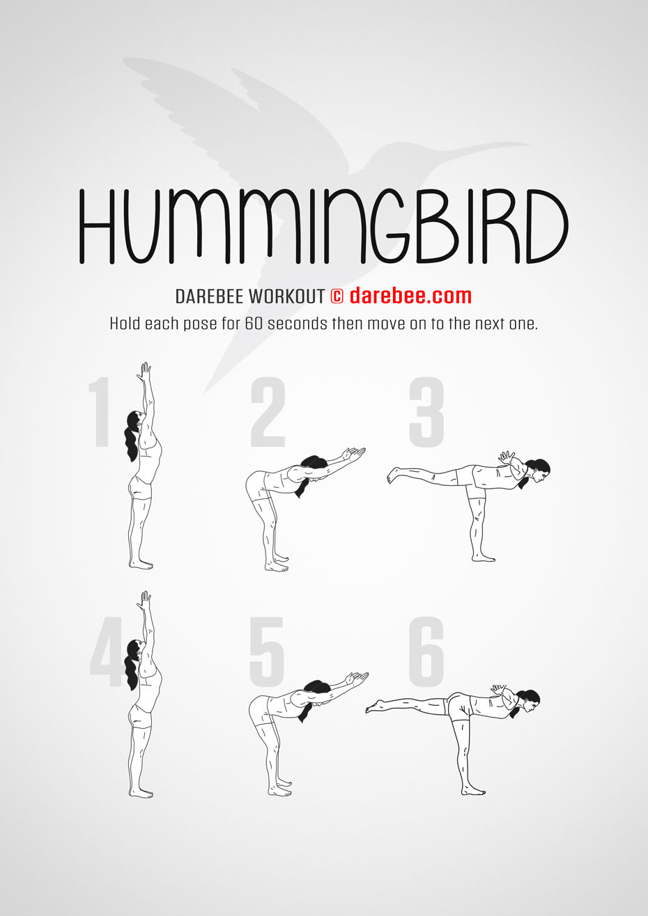Hummingbird is a DAREBEE home fitness no-equipment yoga-based lower body strength and core stability workout that helps you get fitter without exhausting you.