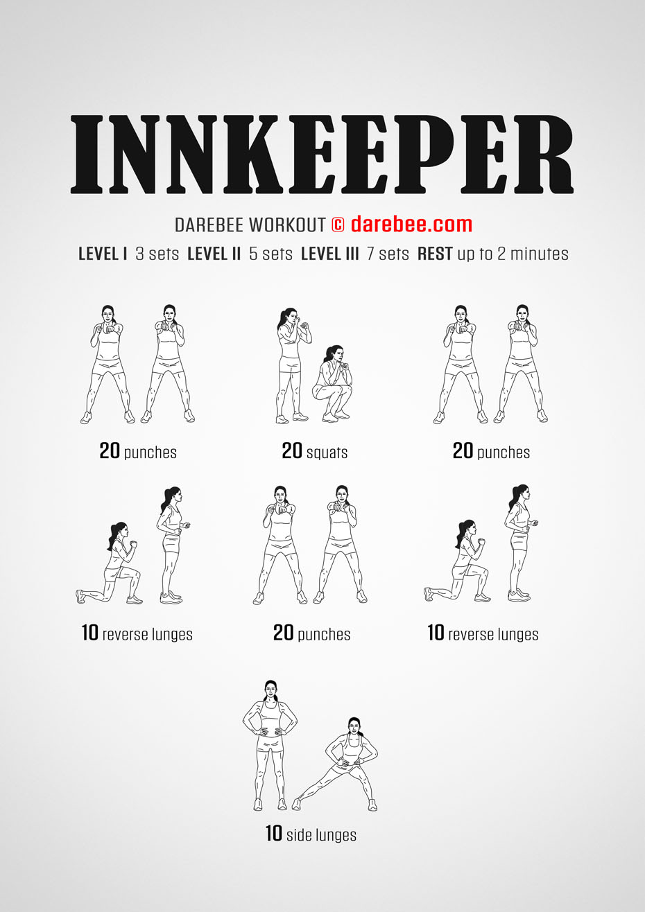 Inkeeper is a Darebee home fitness, strength workout that takes you through some basic body-honing exercises with a specific focus to help you maintain strength and muscle tone.