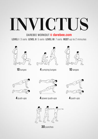 Invictus is a no-equipment, bodyweight Darebee home fitness total body strength and endurance workout.