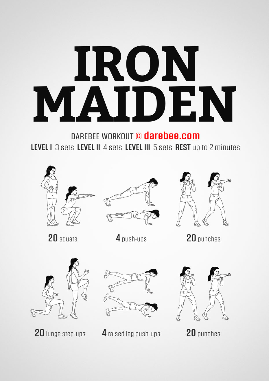 Iron Maiden is a DAREBEE home fitness total body no-equipment home strength and endurance workout for all fitness levels.