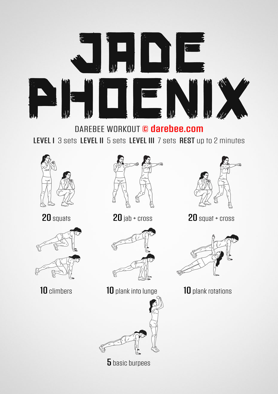 Jade Phoenix is a DAREBEE home fitness no-equipment workout that works your entire body and helps you build strength and endurance.