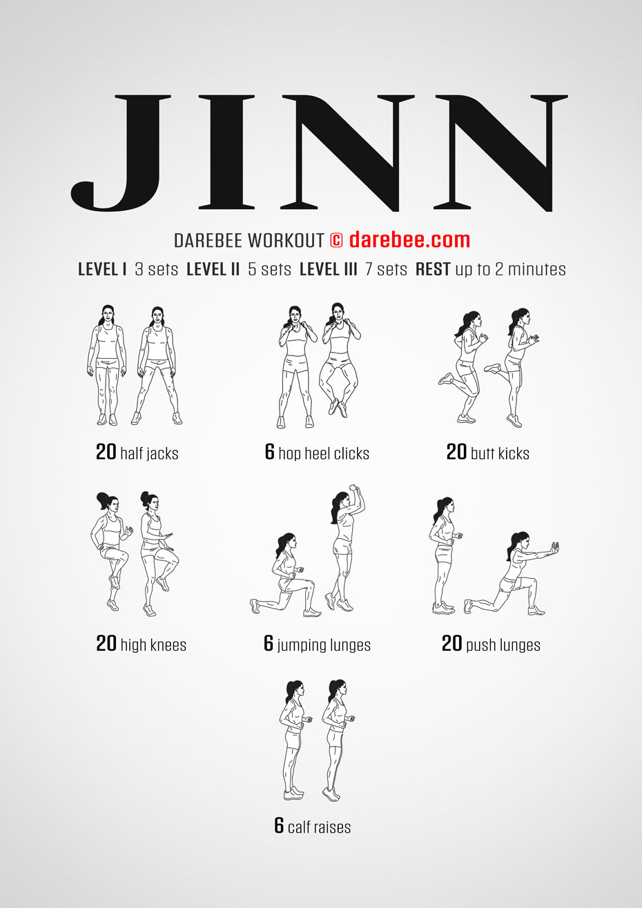 Jinn is a Darebee home-fitness workout that works your cardiovascular and aerobic systems and raises your heartbeat and body temperature.
