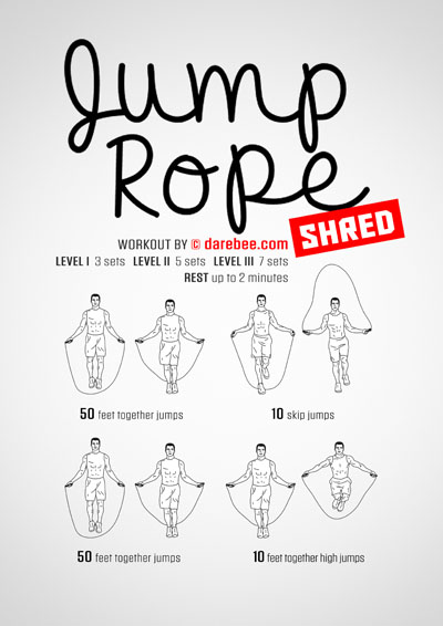 Jump Rope Shred is a DAREBEE home cardio and home aerobics workout that helps you reduce your bodyweight and achieve better hand/eye coordination and balance alongside impressive lower body strength.