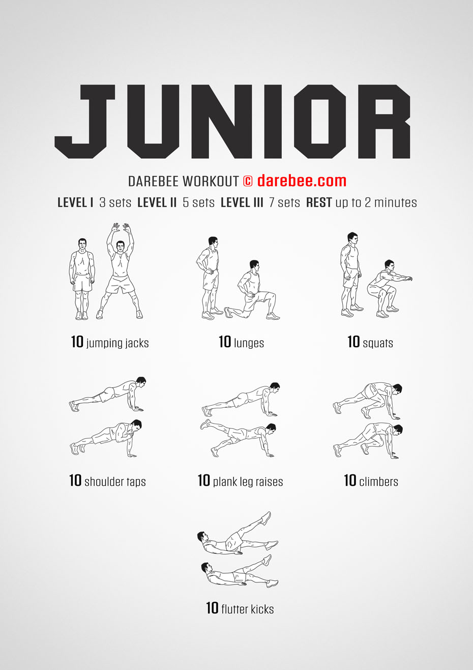 Junior is a Darebee home fitness, full body functional strength workout you can do as part of your consistent, daily, incremental fitness journey.