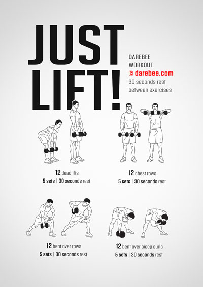 Just Lift! is a DAREBEE dumbbells-based home strength workout you will do to build virtually total-body strength.