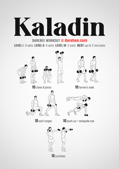 Kaladin is a DAREBEE dumbbells-based total strength home workout designed to help you get strong all over, at home.