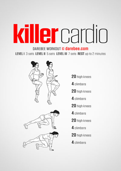 Killer Cardio is a DAREBEE home fitness no-equipment aerobic and cardiovascular fitness workout that helps you increase your endurance.